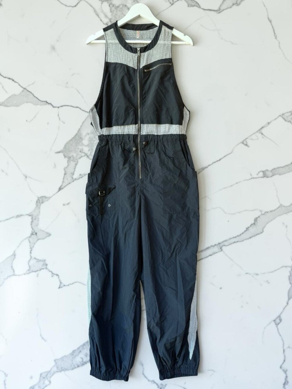 Free People Movement L Utility Jumpsuit Black Mesh Zip Front Cargo Romper NWT